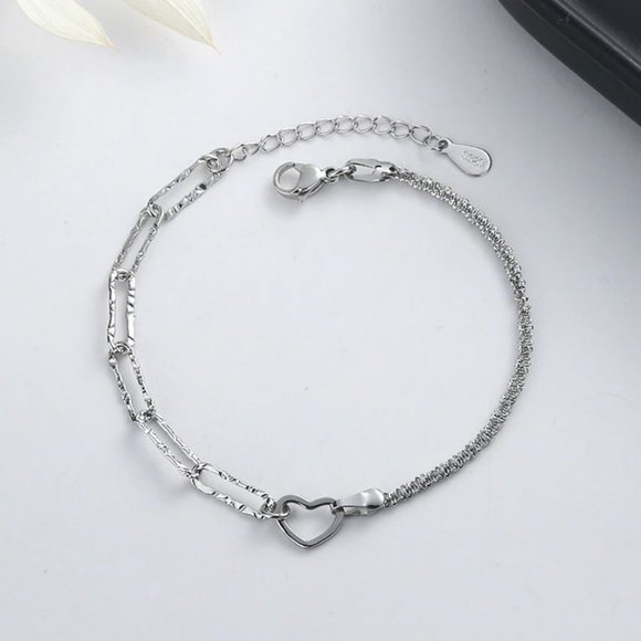 925 Sterling Silver Dainty Heart Chain Link Bracelet - Picture 8 of 8